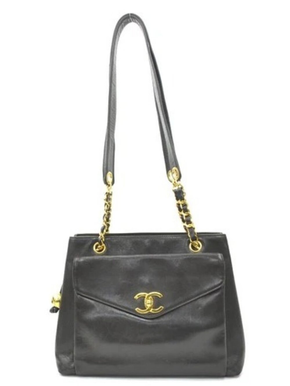 Auth CHANEL Shoulder Bag Black/Gold Leather/Metal - e61563g